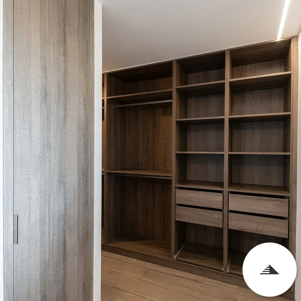Dressings sur mesure — Vue depuis l'entrée de la pièce, porte coulissante en chêne gris ouverte sur intérieur dressing teinte tabac à Toulouse | Gonzalez Agencement