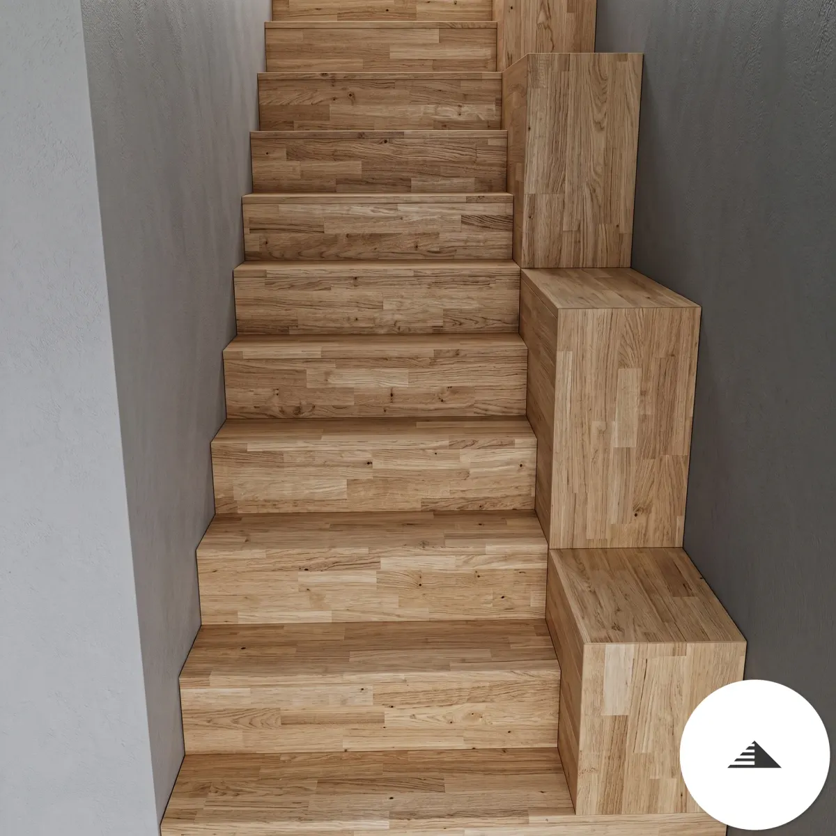 Escaliers sur mesure — Vue de profil en montée d'un escalier droit en hêtre massif clair, marches et contremarches rénovées, limon bois côté mur à Bordeaux | Gonzalez Agencement