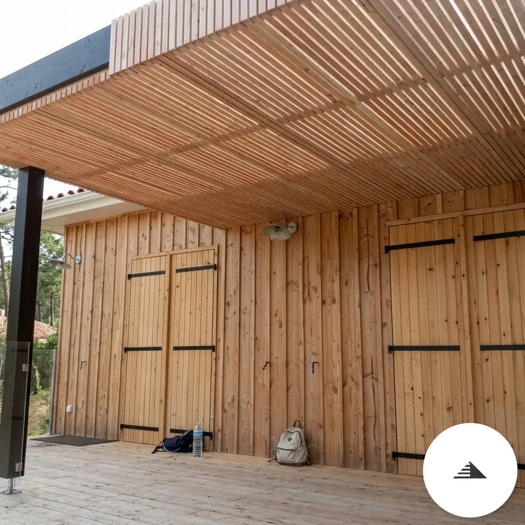 Pergolas sur mesure — Pergola en tasseaux bois naturel clair sur poteau acier noir, vue de dessous du plafond à claire-voie et façade bardage vertical à Bordeaux | Gonzalez Agencement