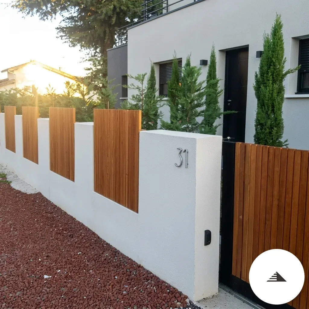 Bardage sur mesure — Claustra bois vertical ton chêne naturel inséré dans une clôture enduit blanc, vue latérale au coucher du soleil à Bordeaux | Gonzalez Agencement