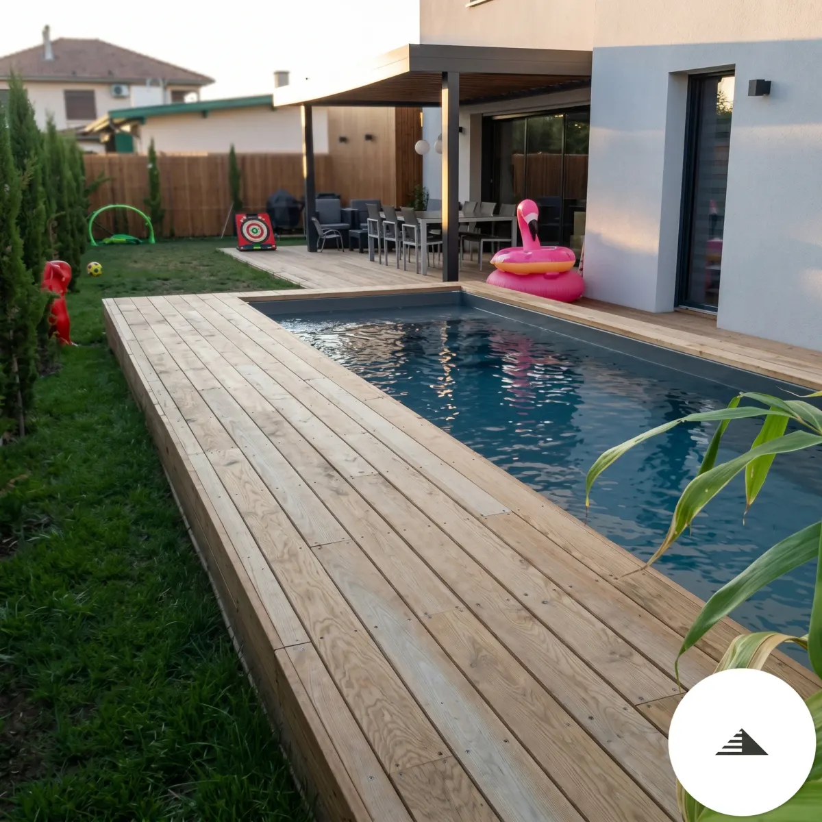 Aménagements sur mesure — Vue panoramique crépusculaire sur terrasse bois, piscine, claustra en clôture et pergola éclairée depuis l'intérieur à Bordeaux | Gonzalez Agencement