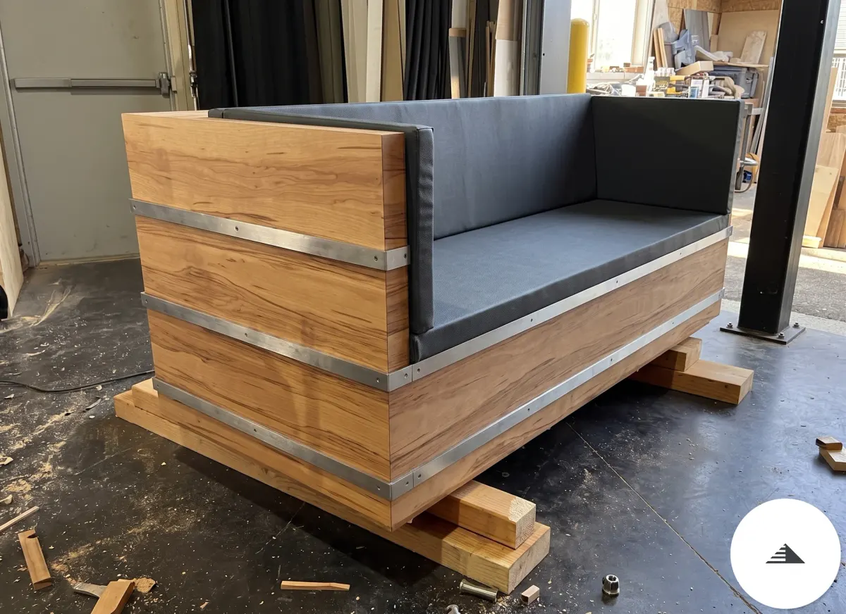 Meubles sur mesure — Canapé bois massif rustique avec cerclages acier visible et coussin gris, vue d'angle en atelier avant livraison à Le Pian Médoc | Gonzalez Agencement
